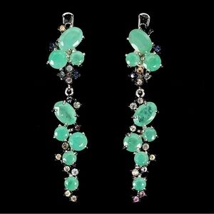 Stunning Natural Emerald & Sapphire Drop Earrings in 925 Sterling Silver